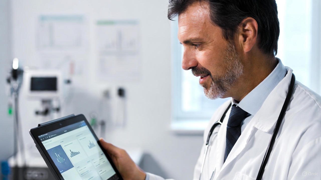 Dermatologist using dermatology EMR for tele-dermatology visit on tablet