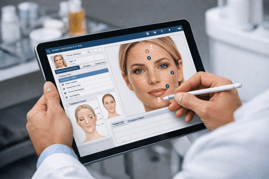 Dermatologist using cosmetic dermatology EMR