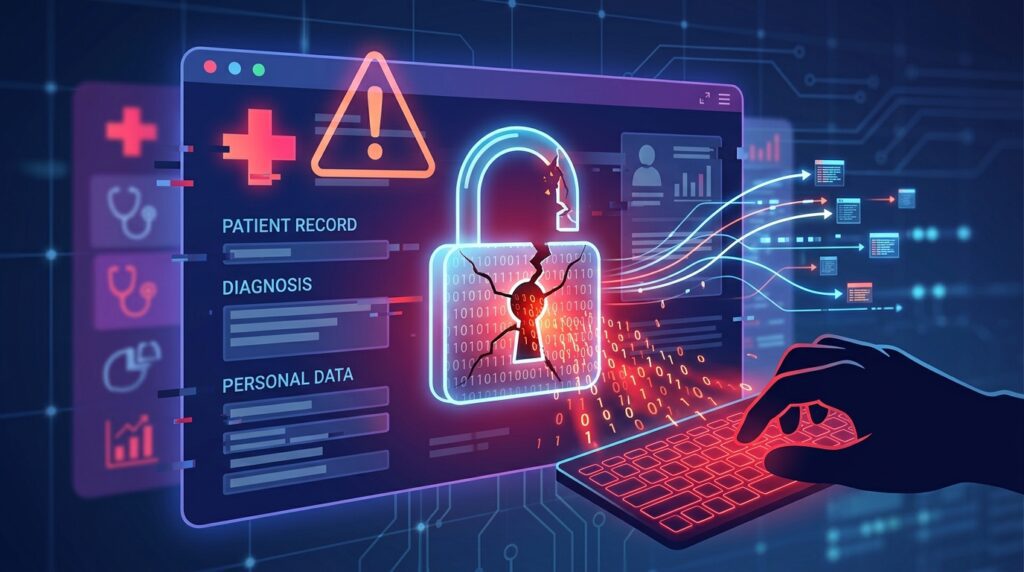 Data breach alert on laptop screen representing EHR vendor security risk